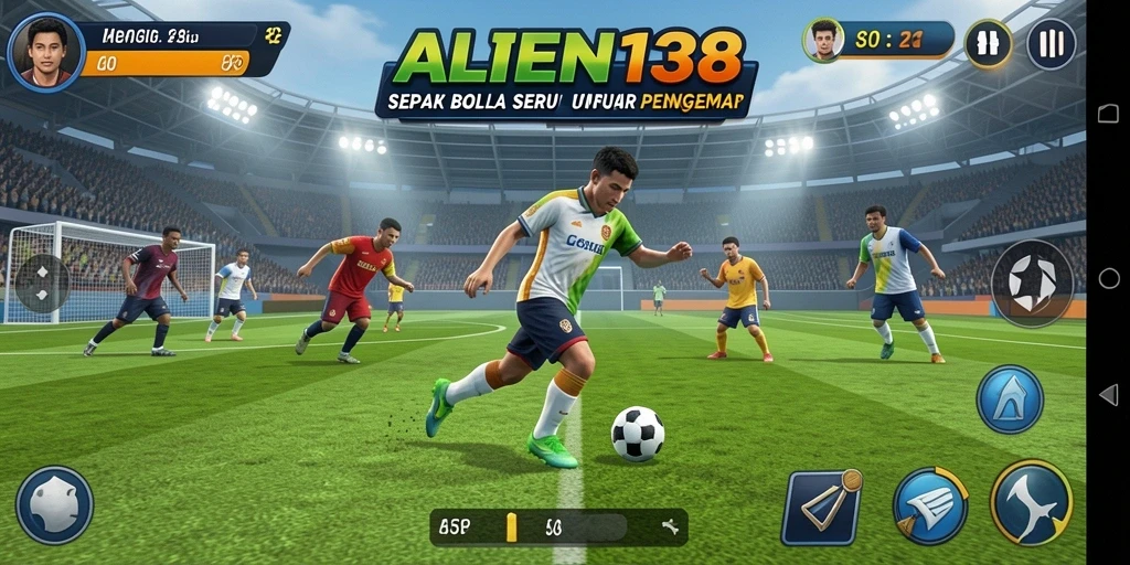 Screenshot utama ALIEN138 menampilkan aksi dinamis dari pertandingan sepak bola.