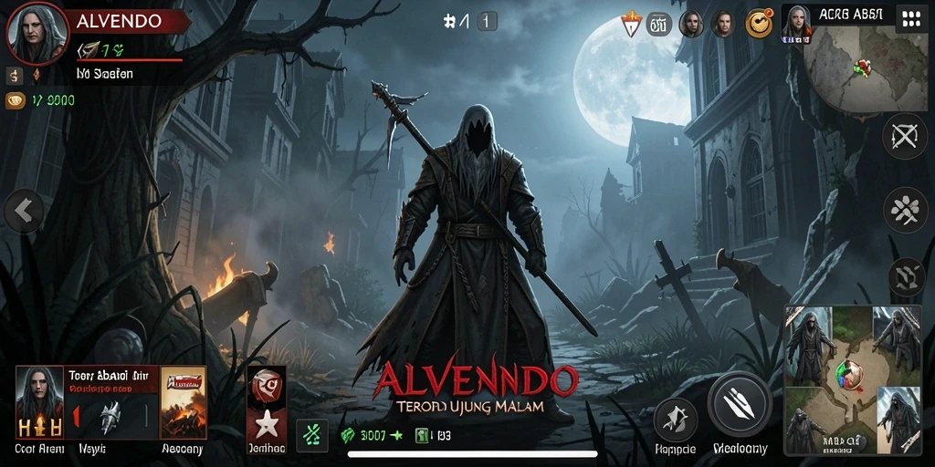 Screenshot menunjukkan momen menegangkan dalam ALVENDO dengan atmosfer horor yang memukau.