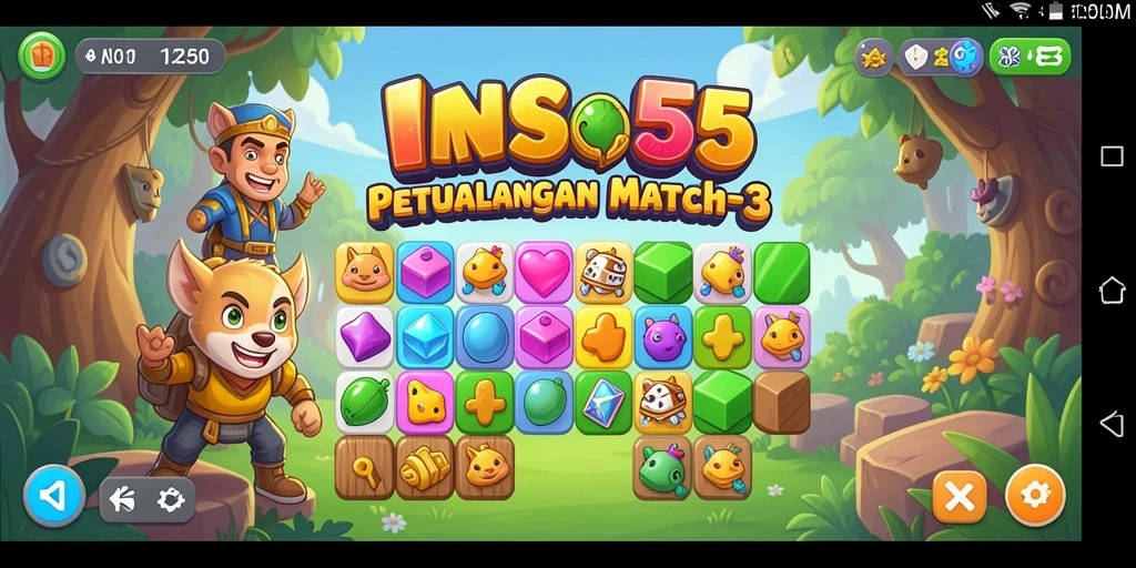 Screenshot gameplay INS55 menunjukkan momen menyenangkan dalam mencocokkan permata.
