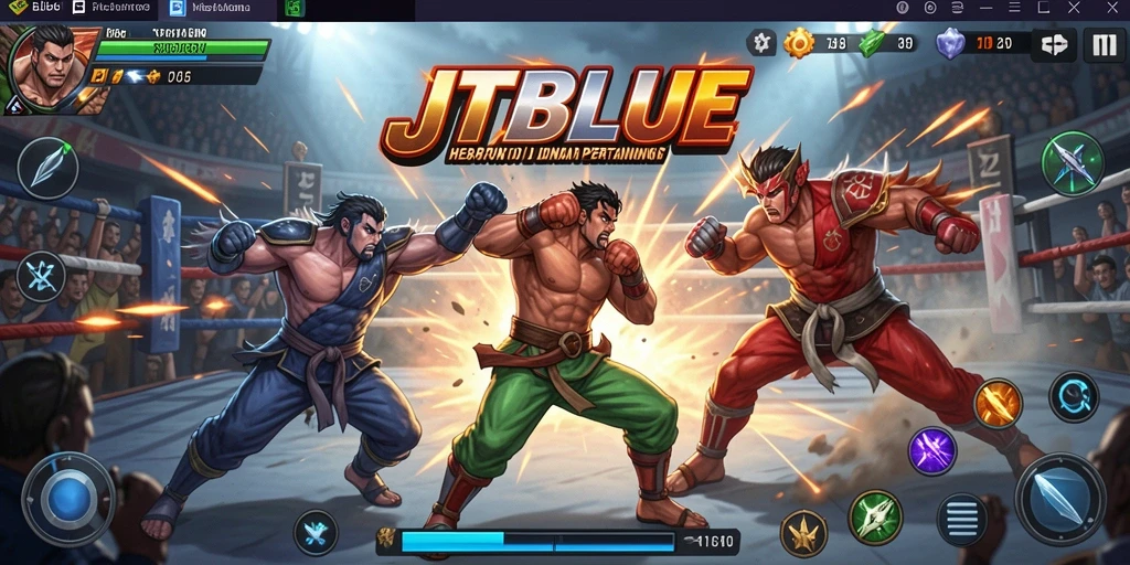 Screenshot JTBLUE menampilkan pertarungan seru antara dua karakter dengan efek visual yang menawan.