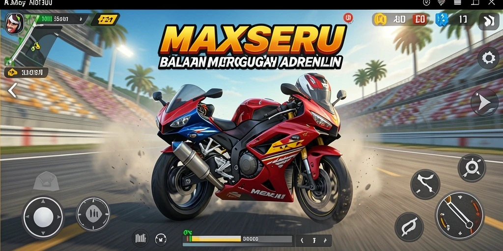 Screenshot gameplay MAXSERU menampilkan balapan motor yang intens dan seru.