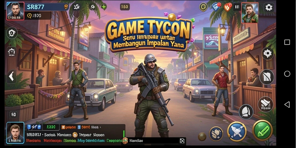 Tangkapan layar gameplay SR877 yang menunjukkan suasana bisnis Tycoon yang dinamis.